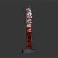 Red Decorative Pillar With Urban Art Stickers Graffiti And Concrete Base