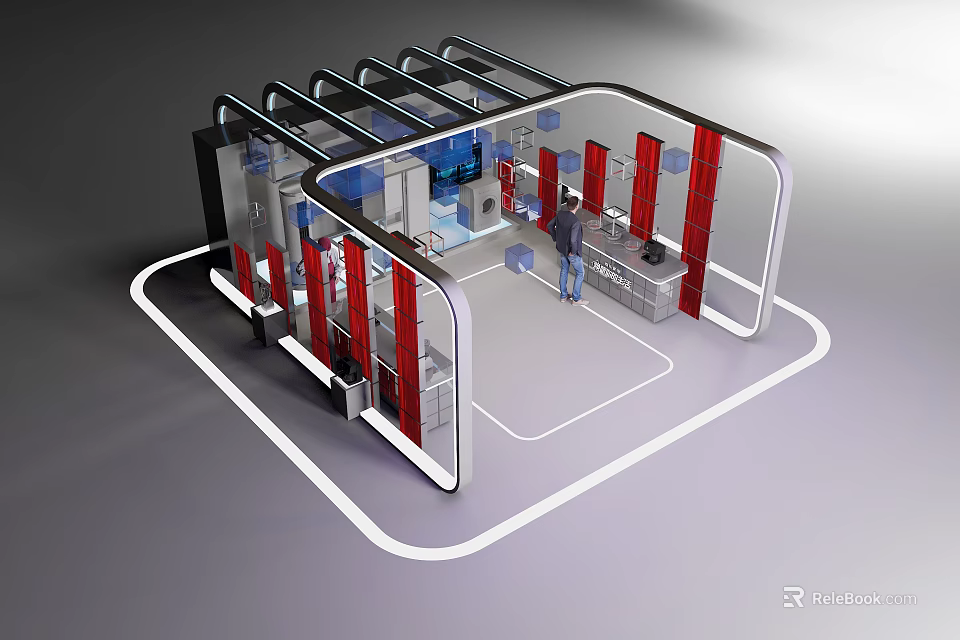 Modern Exhibition Booth Featuring Sleek Design Red Black Accents Open Layout And Display Areas 3d model 