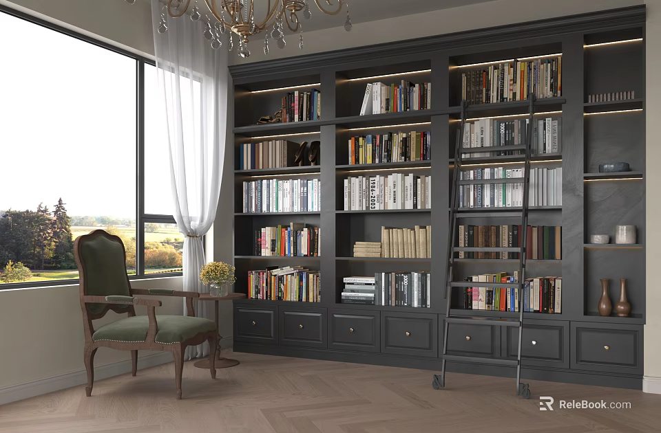 Built-in Dark Gray Bookcase Filled With Books Cozy Reading Chair And White Curtains 3d model 