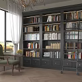 Built-in Dark Gray Bookcase Filled With Books Cozy Reading Chair And White Curtains