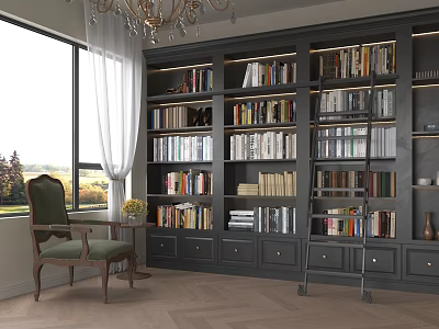 Built-in Dark Gray Bookcase Filled With Books Cozy Reading Chair And White Curtains 3d model