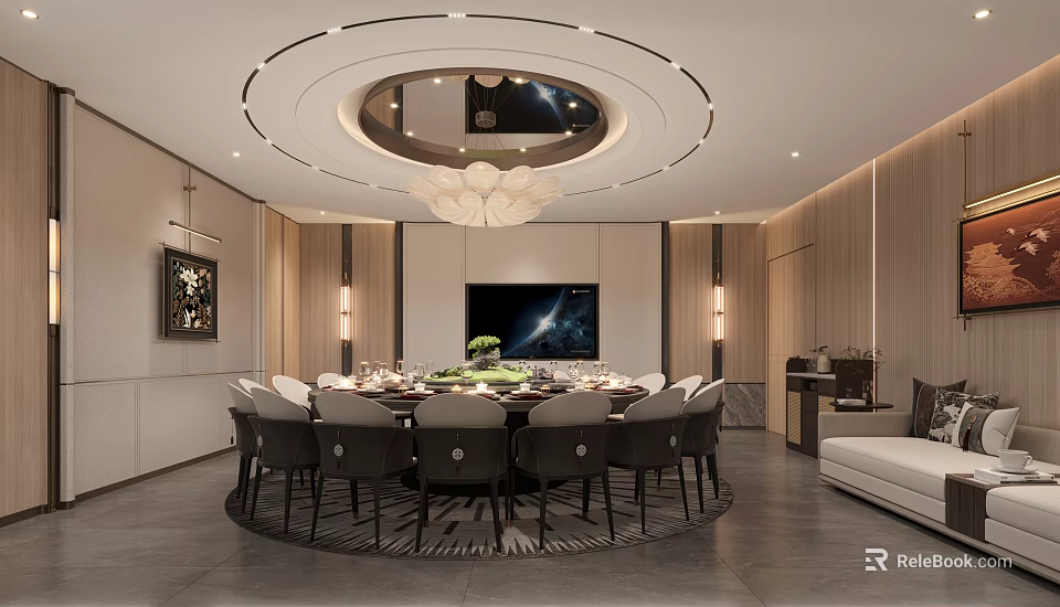 Elegant New Chinese Style Private Dining Room With Large Round Table And Luxury Interior Design 3d model 