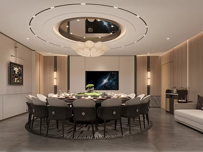 Elegant New Chinese Style Private Dining Room With Large Round Table And Luxury Interior Design 3d model