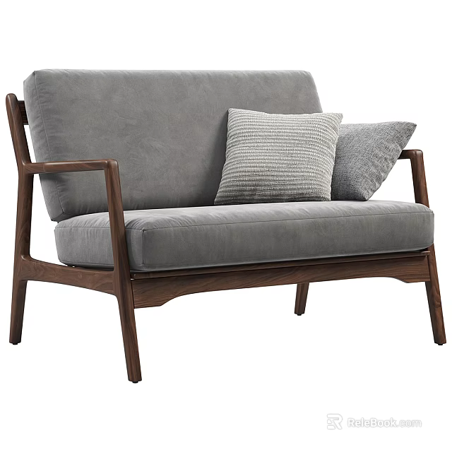 Gray Velvet Two Seater Sofa With Wooden Frame And Decorative Pillows In Modern Design 3d model 