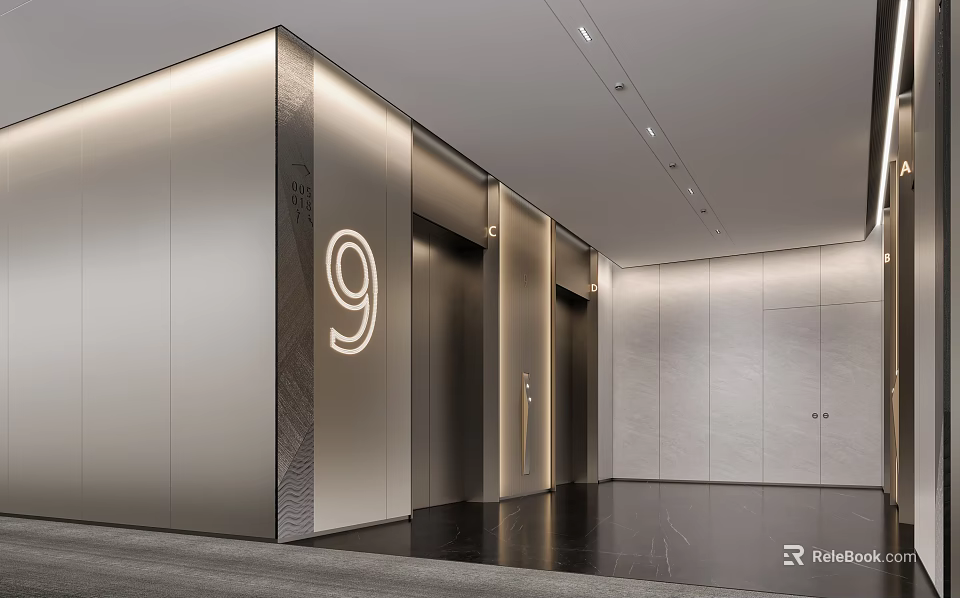 Modern Elevator Lobby With Number 9 Indicator Sleek Doors Metallic Panels And Ambient Lighting 3d model
