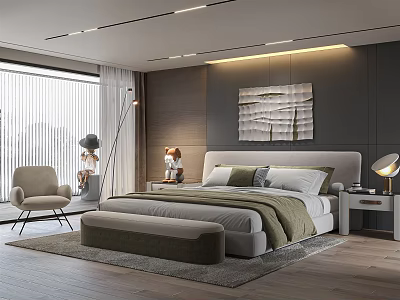 Modern Bedroom Interior Design With Bedside Tables Decorative Painting And Accent Chair 3d model