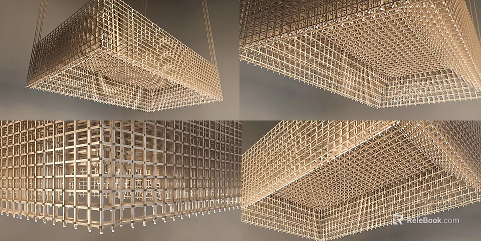 Modern Suspended Chandelier With Open Grid Design And Wooden Structure For Home Decor 3d model 