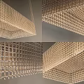 Modern Suspended Chandelier With Open Grid Design And Wooden Structure For Home Decor