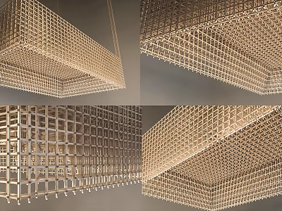 Modern Suspended Chandelier With Open Grid Design And Wooden Structure For Home Decor 3d model