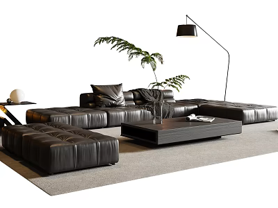 Black Leather Sofa and Coffee Table Set with Floor Lamp Green Plant on Gray Carpet 3d model