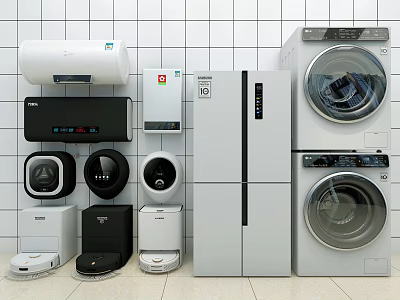 Modern Home Appliances Collection Featuring Refrigerator Washing Machines Air Conditioner And Robotic Vacuums 3d model