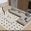Gray Sofa Coffee Table Set Featuring Throw Pillows White Table Fruits Drinks on Checkered Rug 3d model