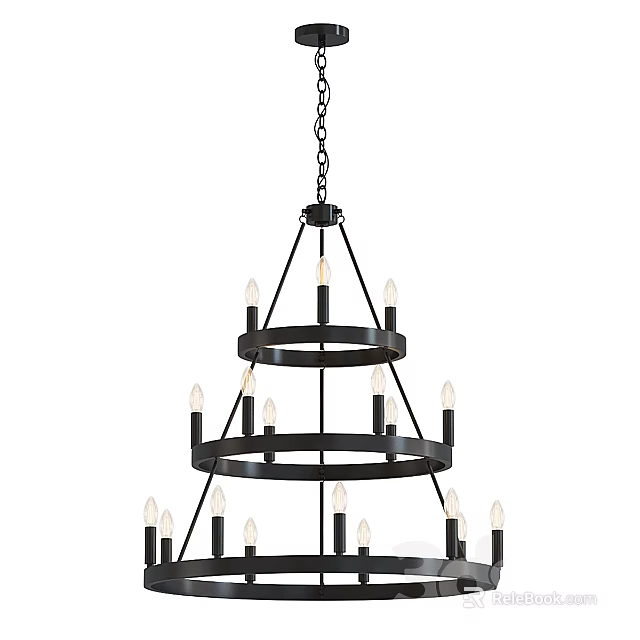 Modern Black Metal Chandelier With Three Tiered Circular Rings And Multiple Bulbs 3d model 