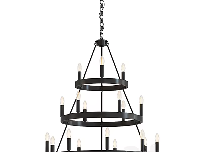 Modern Black Metal Chandelier With Three Tiered Circular Rings And Multiple Bulbs 3d model