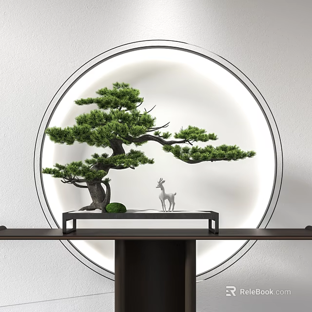 Artistic Pine Tree Bonsai on Black Table with Circular Background Deer Figurine and Green Stone 3d model 