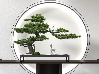 Artistic Pine Tree Bonsai on Black Table with Circular Background Deer Figurine and Green Stone 3d model