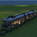 Scenic Garden Landscape with Tram on Green Lawn and Palm Trees by Beach
