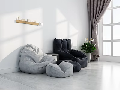 Gray And Black Lazy Sofa In Bright Living Room With Window Plant Wooden Floor 3d model
