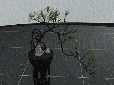 Decorative Bonsai Pine Plant With Curved Trunk Small Buddha Statues In Dark Ceramic Pot 3d model