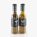 Two Transparent Glass Olive Oil Bottles With Black Label And Silver Cap Design