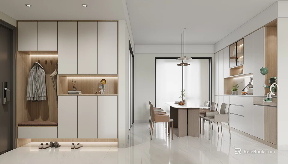 Modern Open Concept Dining Room With White Cabinets Dining Table And Hanging Light 3d model