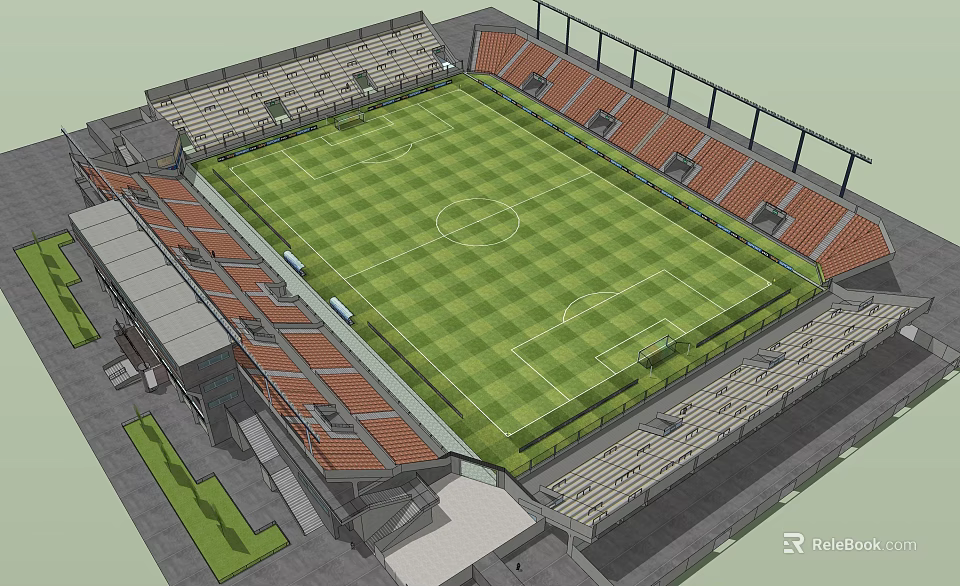 Football Stadium With Green Grass Pitch Orange Seats And Modern Grandstands 3d model 
