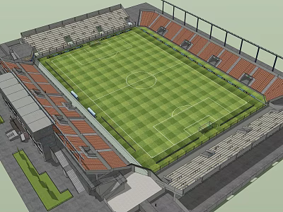 Football Stadium With Green Grass Pitch Orange Seats And Modern Grandstands 3d model
