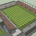 Football Stadium With Green Grass Pitch Orange Seats And Modern Grandstands