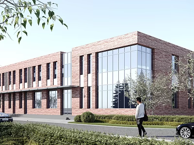 Modern Red Brick Office Building With Large Glass Windows Pedestrian Walking Near Greenery And Cars 3d model