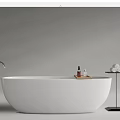 Sleek Modern Freestanding White Bathtub With Metal Faucet Wooden Tray Bath Products And Towel Stand