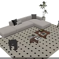 Beige L Shaped Sofa And Coffee Table Set With Throw Pillows Magazines On Checkered Rug 3d model