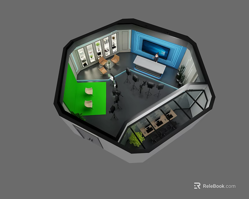 Modern Public Office Space With Octagonal Design Multifunctional Zones Green Lounge TV And Glass Walls 3d model 