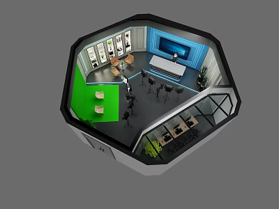 Modern Public Office Space With Octagonal Design Multifunctional Zones Green Lounge TV And Glass Walls 3d model