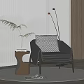 Stylish Accent Chair With Textured Pillow Round Side Table And White Blinds On Wooden Floor