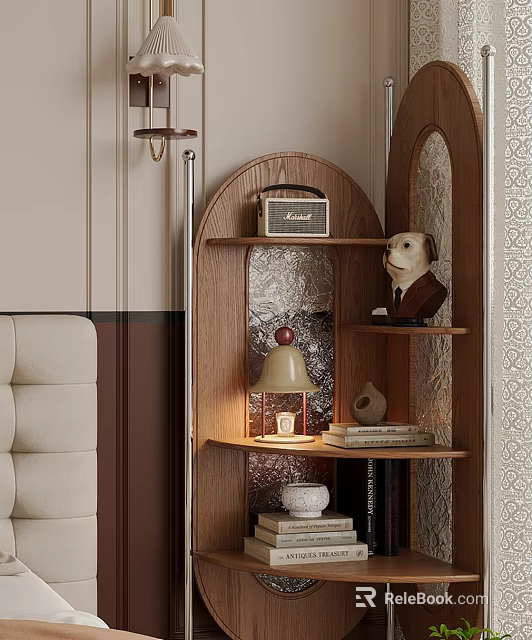 Wooden Display Shelf with Radio Dog Statue Lamp Books and Small Bowl in Home Interior 3d model 