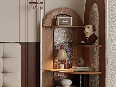 Wooden Display Shelf with Radio Dog Statue Lamp Books and Small Bowl in Home Interior 3d model