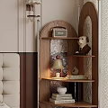 Wooden Display Shelf with Radio Dog Statue Lamp Books and Small Bowl in Home Interior
