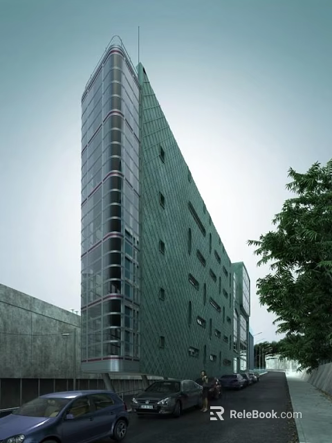 Modern Contemporary High Rise Building With Green Facade Glass Windows And Trees 3d model 