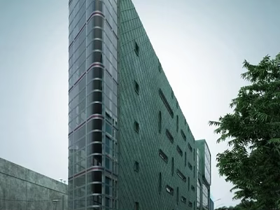 Modern Contemporary High Rise Building With Green Facade Glass Windows And Trees 3d model