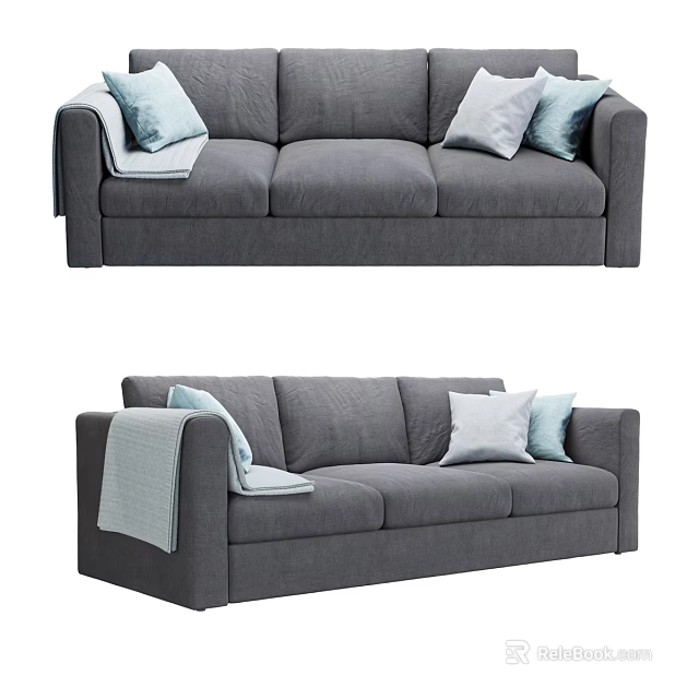 Modern Gray Sectional Sofa Interior With Soft Throw Pillows And Blanket 3d model