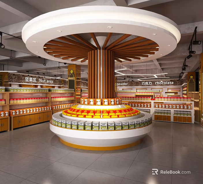 Supermarket Department Store Interior With Circular Central Display Wooden Shelves And Various Products 3d model 