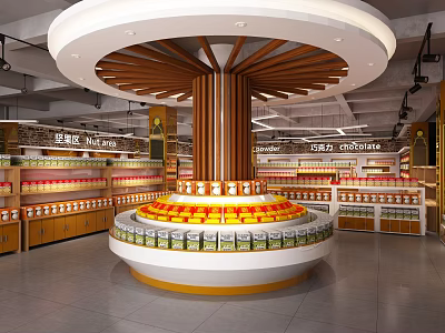 Supermarket Department Store Interior With Circular Central Display Wooden Shelves And Various Products 3d model