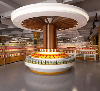 Supermarket Department Store Interior With Circular Central Display Wooden Shelves And Various Products 3d model