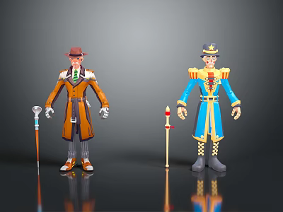 Two Man Action Figures In Brown And Blue Coats With Hats And Canes 3d model Two Man Action Figures In Brown And Blue Coats With Hats And Canes 3d model