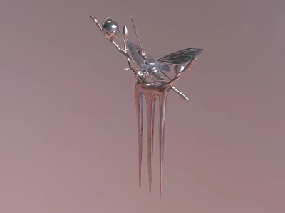 Elegant Silver Butterfly Shaped Hairpin With Top Ball And Slender Metallic Pins 3d model