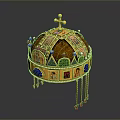 Elaborate Golden Crown Sculpture Decorated With Cross Colorful Gemstones And Tassels