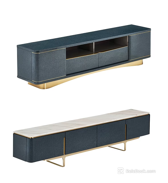 Modern Navy Blue TV Stand With Gold Accents Light Top And Storage Drawers 3d model 