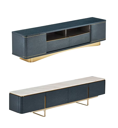 Modern Navy Blue TV Stand With Gold Accents Light Top And Storage Drawers 3d model