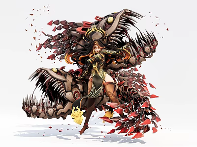 Game Movie Female Character With Ornate Armor Mechanical Tentacles And Red Petals 3d model