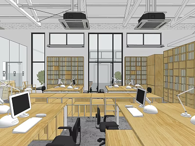 Public Office Space Open Layout with Wooden Desks Computers Table Lamps Bookshelves and Large Windows 3d model